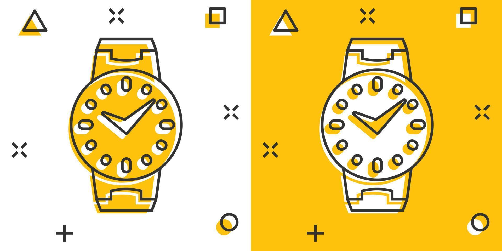 Wrist watch icon in comic style. Hand clock cartoon vector illustration on white isolated background. Time bracelet splash effect business concept.