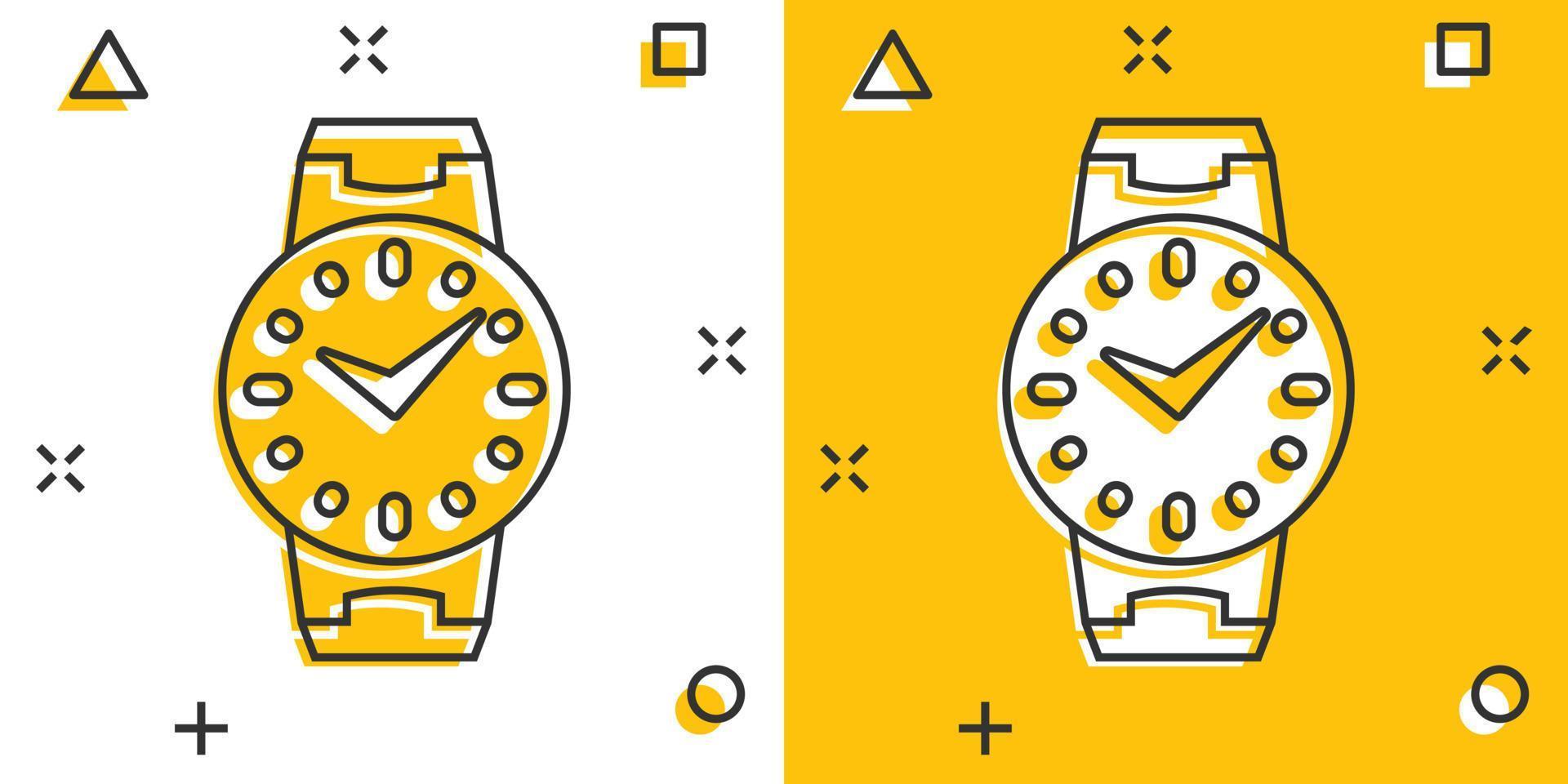 icono de reloj de pulsera en estilo cómico. ilustración de vector de dibujos animados de reloj de mano sobre fondo blanco aislado. concepto de negocio de efecto de salpicadura de pulsera de tiempo.