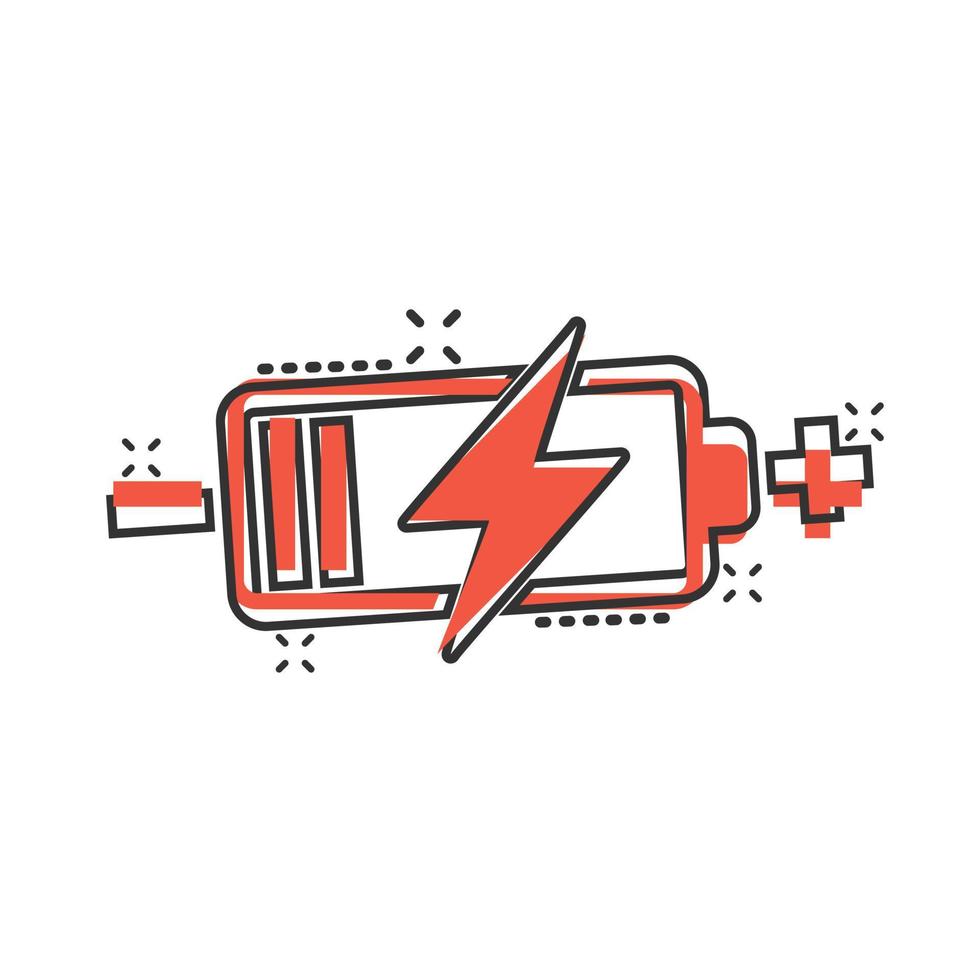 Battery charge icon in comic style. Power level cartoon vector illustration on white isolated background. Lithium accumulator splash effect business concept.