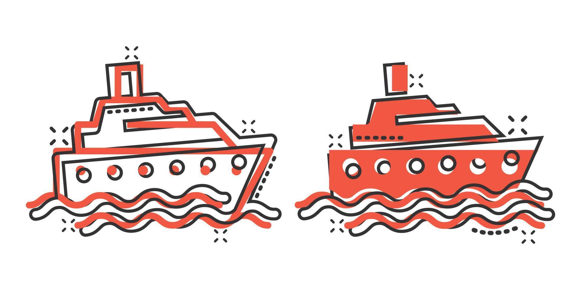 Tourism ship icon in comic style. Fishing boat cartoon vector illustration on white isolated background. Tanker destination splash effect business concept.