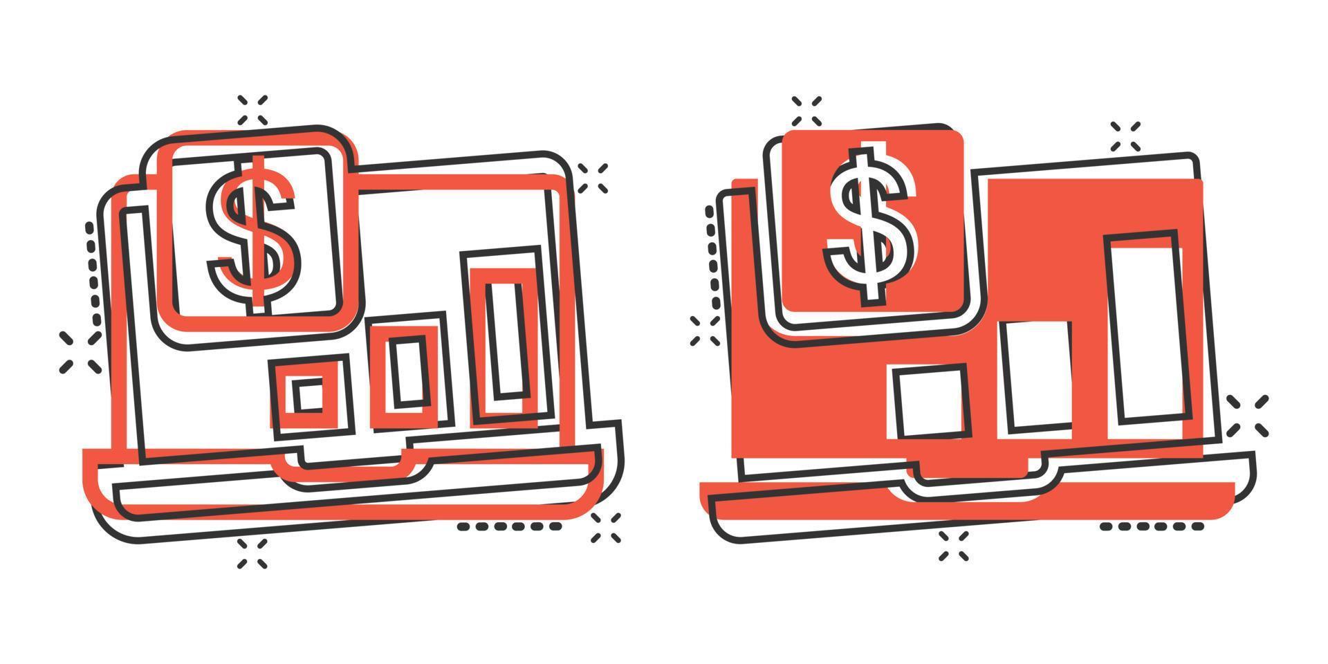 Laptop computer chart icon in comic style. Money diagram cartoon vector illustration on white isolated background. Financial process splash effect business concept.