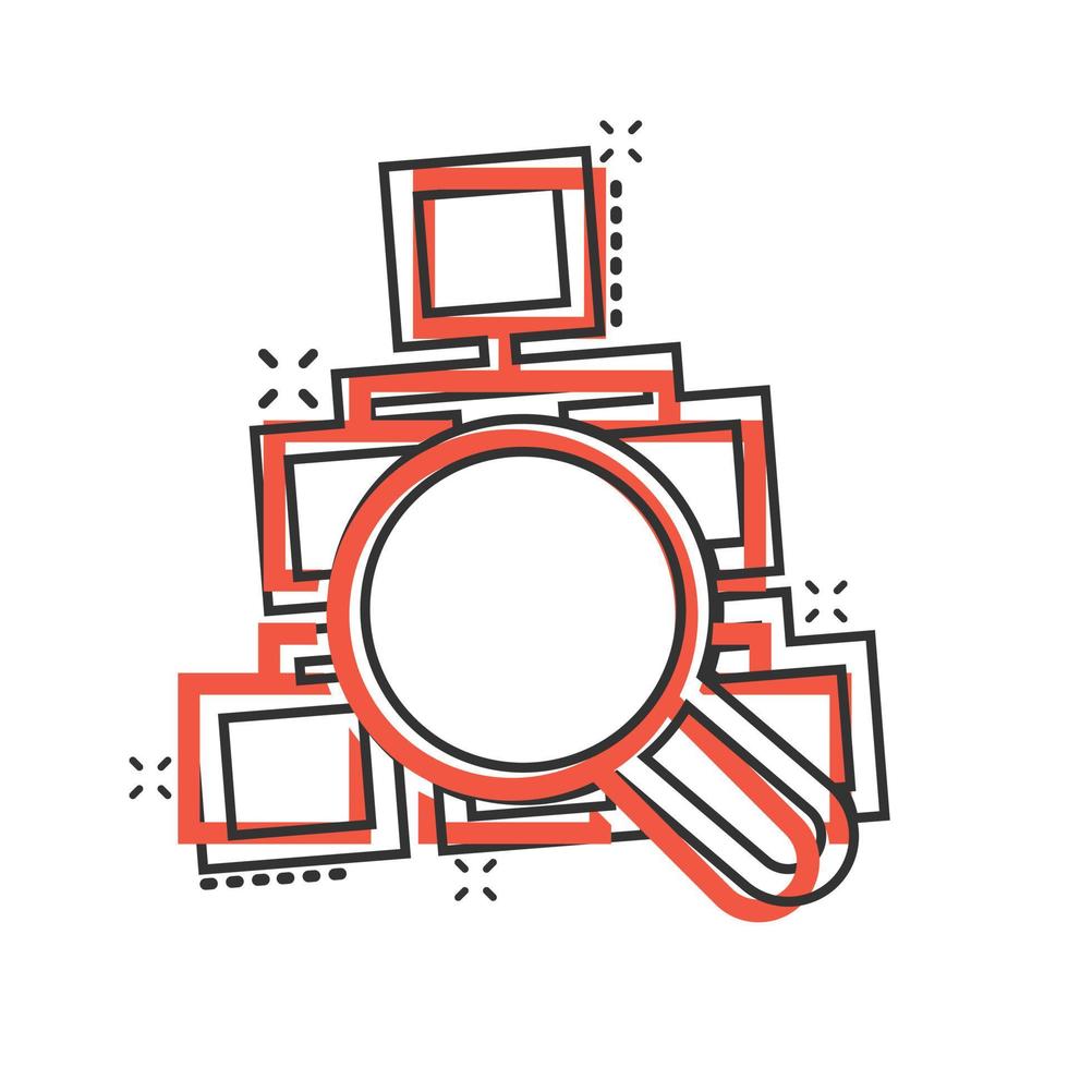 Hierarchy diagram icon in comic style. Structure search cartoon vector illustration on white isolated background. Organization workflow splash effect business concept.