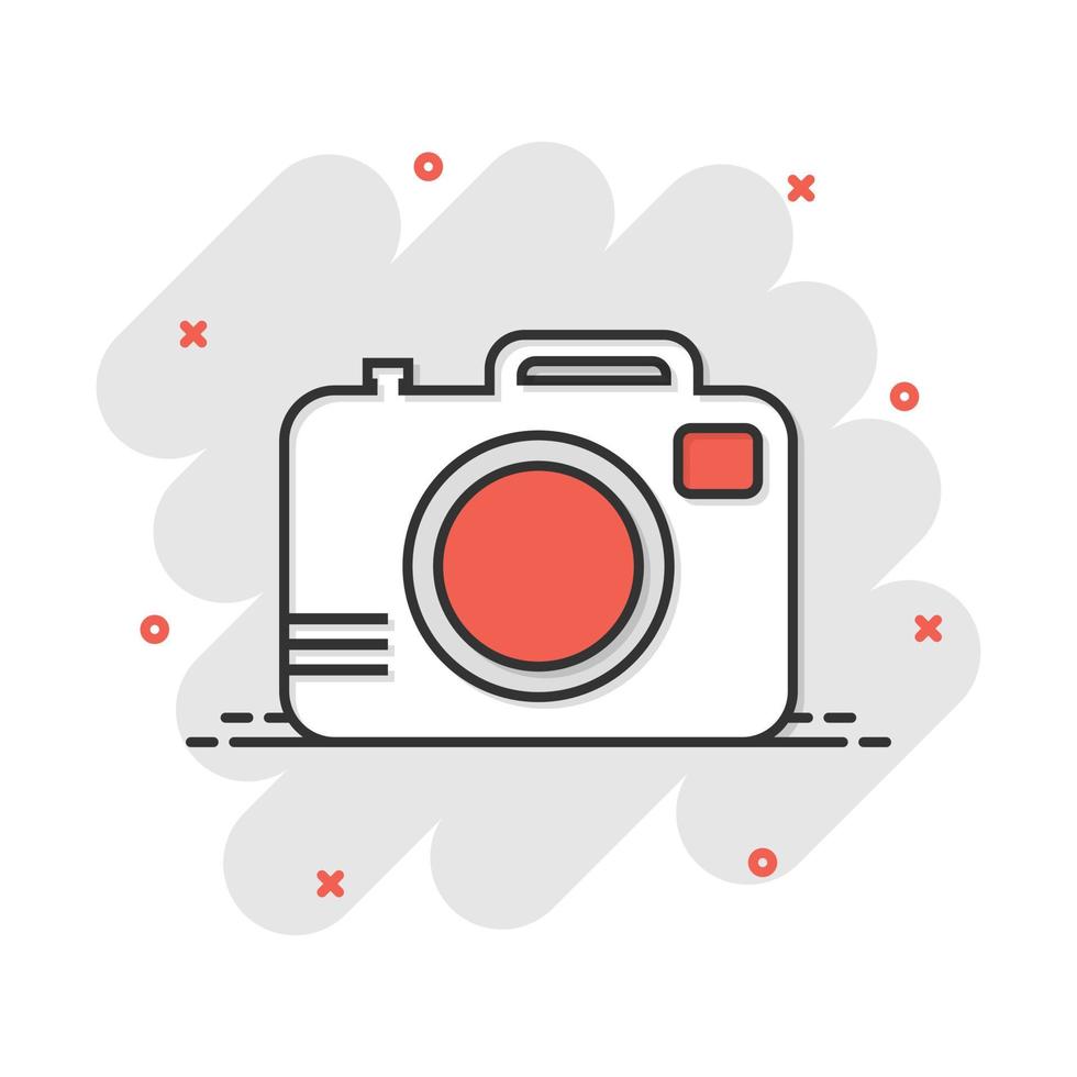 Vector cartoon photo camera icon in comic style. Photographer cam sign illustration pictogram. Camera business splash effect concept.