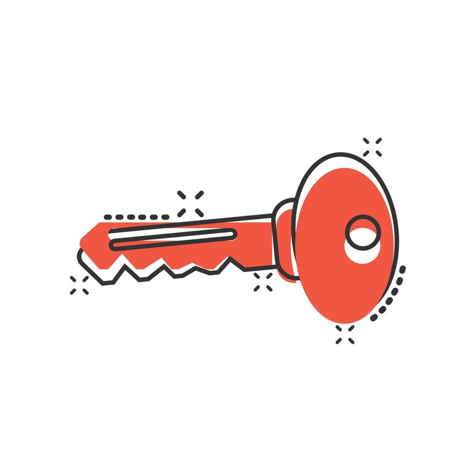Key icon in comic style. Password cartoon vector illustration on white isolated background. Access splash effect business concept.