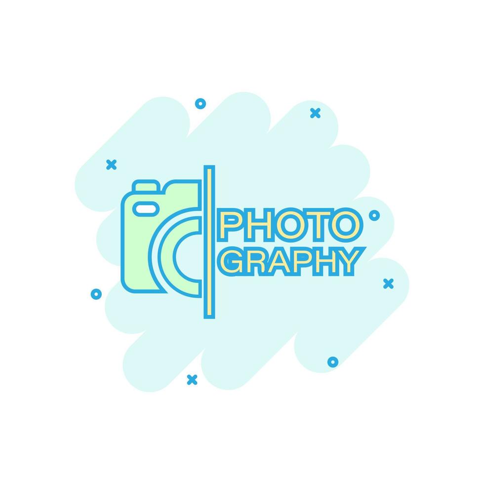 Camera device sign icon in comic style. Photography vector cartoon illustration on white isolated background. Cam equipment business concept splash effect.