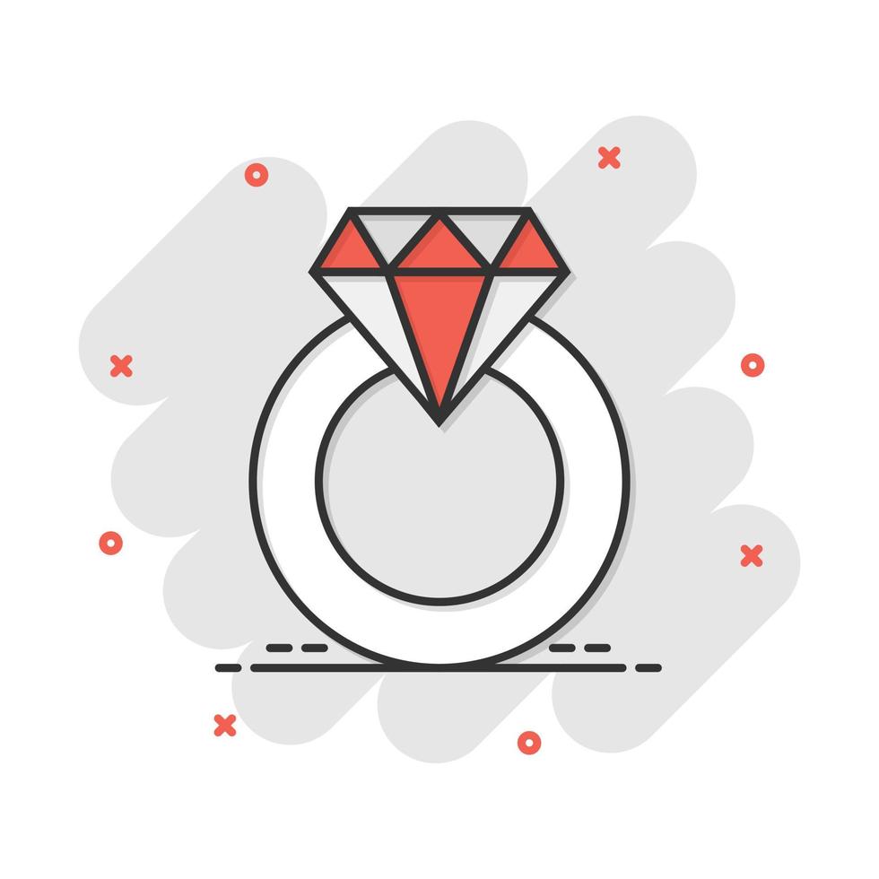 anillo de compromiso de dibujos animados vectoriales con icono de diamante en estilo cómico. pictograma de ilustración de anillo de joyería de boda. concepto de efecto de salpicadura de negocio de relación romántica. vector