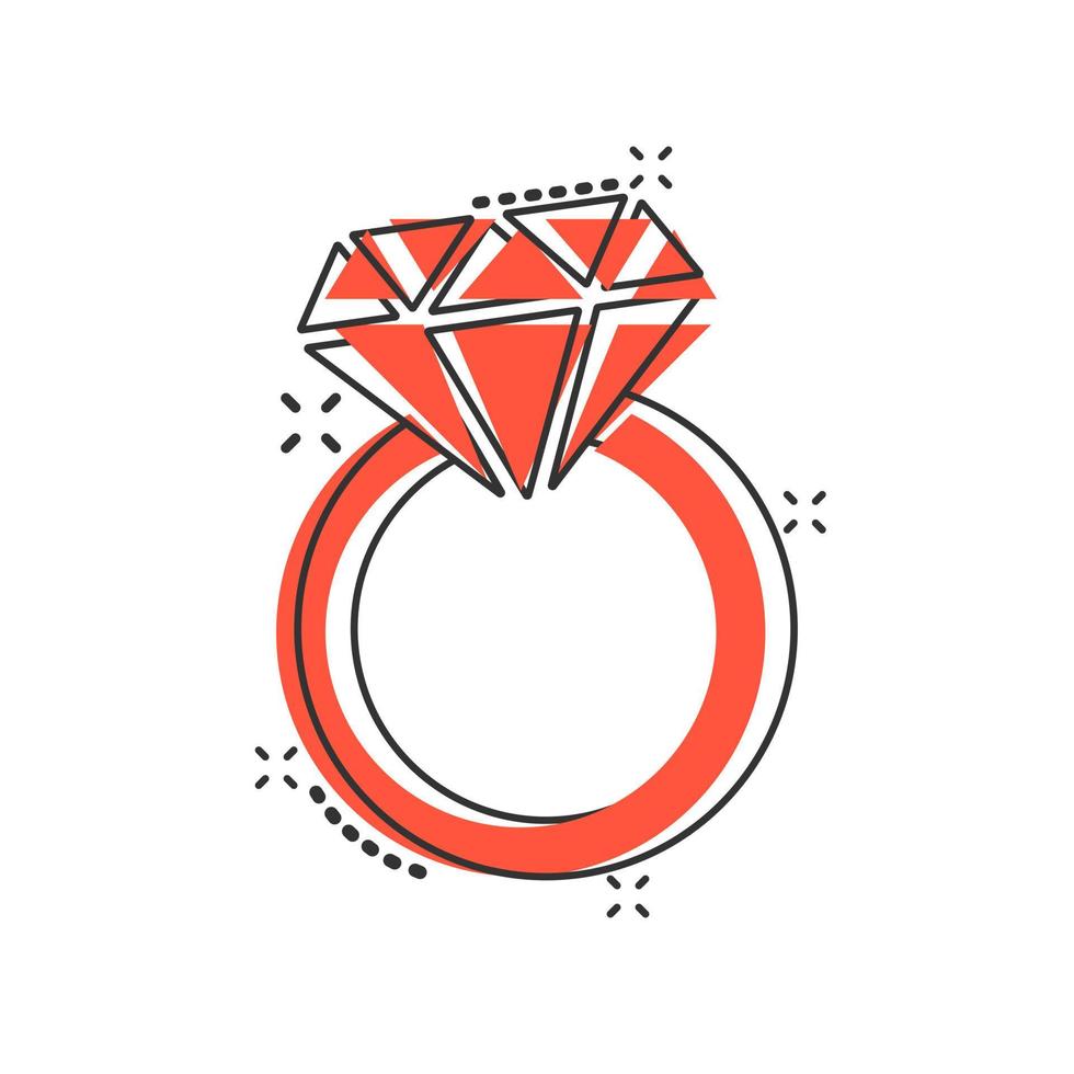 anillo de compromiso de dibujos animados vectoriales con icono de diamante en estilo cómico. pictograma de ilustración de anillo de joyería de boda. concepto de efecto de salpicadura de negocio de relación romántica. vector