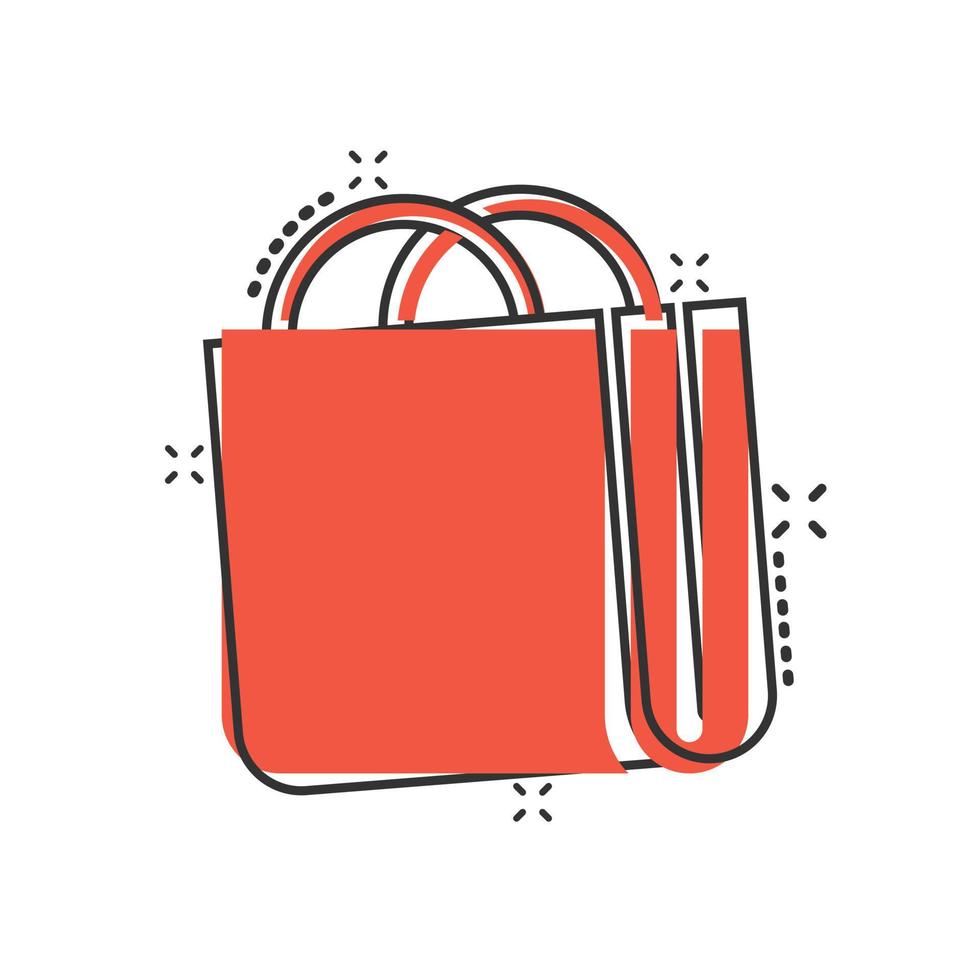 Shopping bag icon in comic style. Handbag cartoon sign vector illustration on white isolated background. Package splash effect business concept.