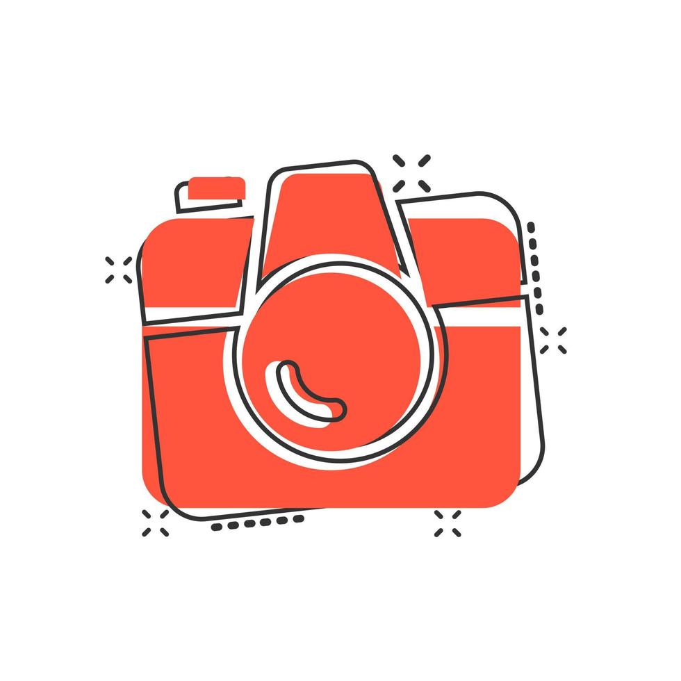 Camera device sign icon in comic style. Photography vector cartoon illustration on white isolated background. Cam equipment business concept splash effect.