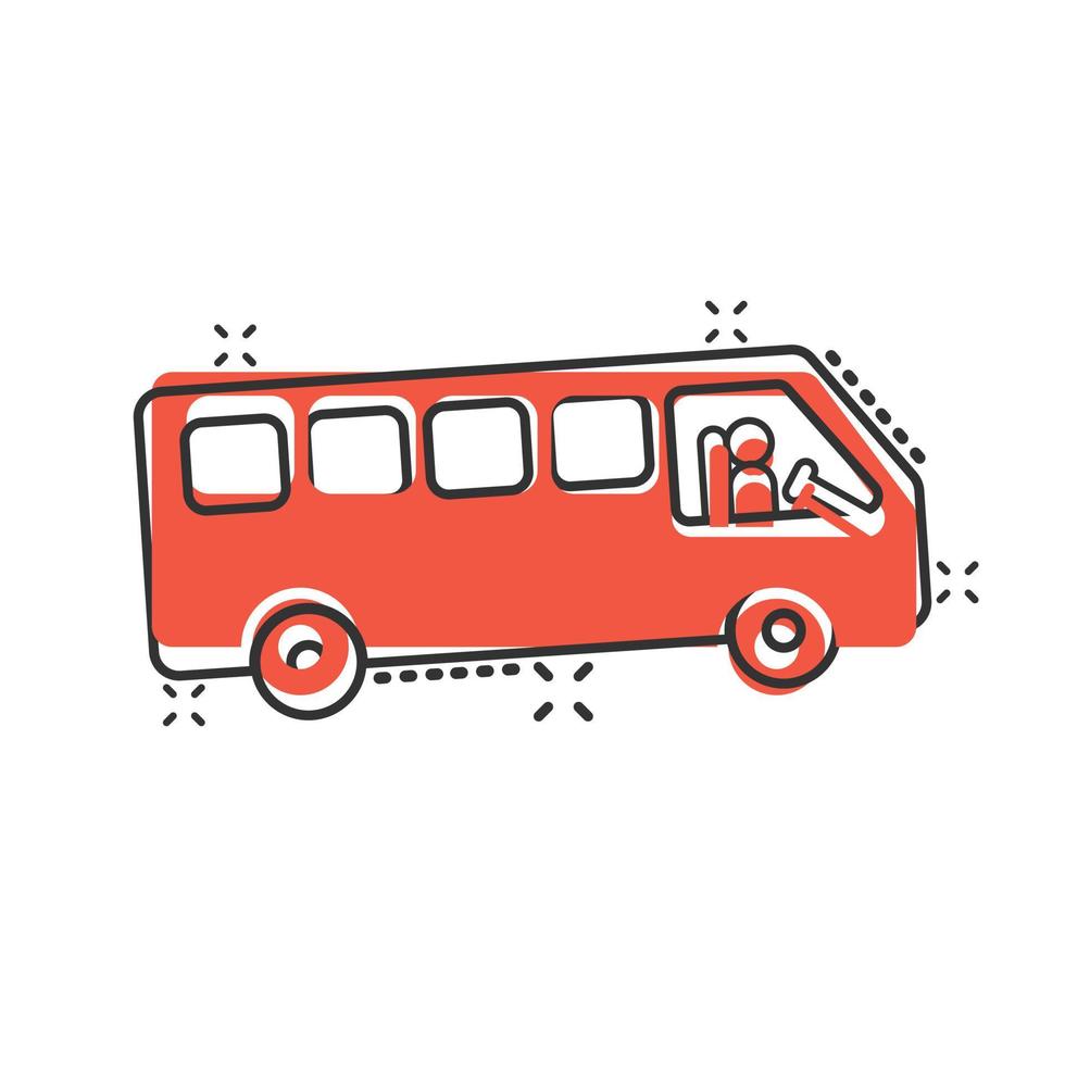 Bus icon in comic style. Coach cartoon vector illustration on white isolated background. Autobus vehicle splash effect business concept.