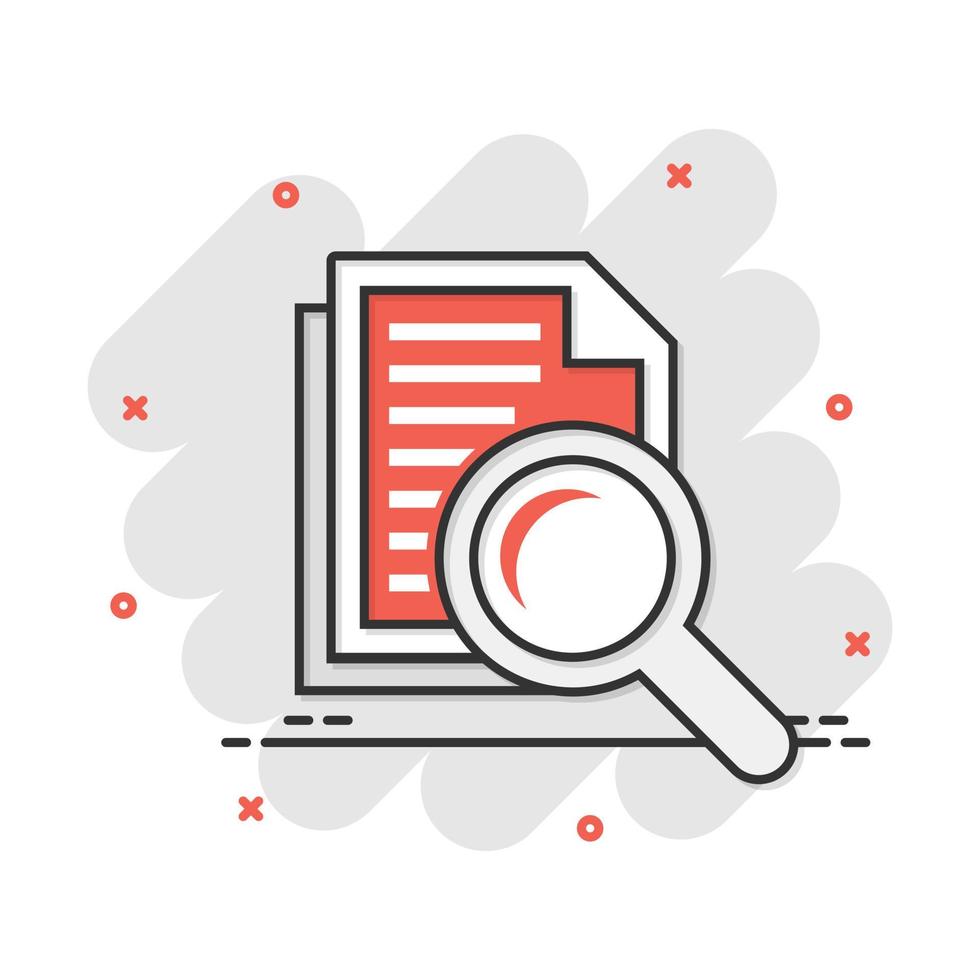 Scrutiny document plan icon in comic style. Review statement vector cartoon illustration pictogram. Document with magnifier loupe business concept splash effect.