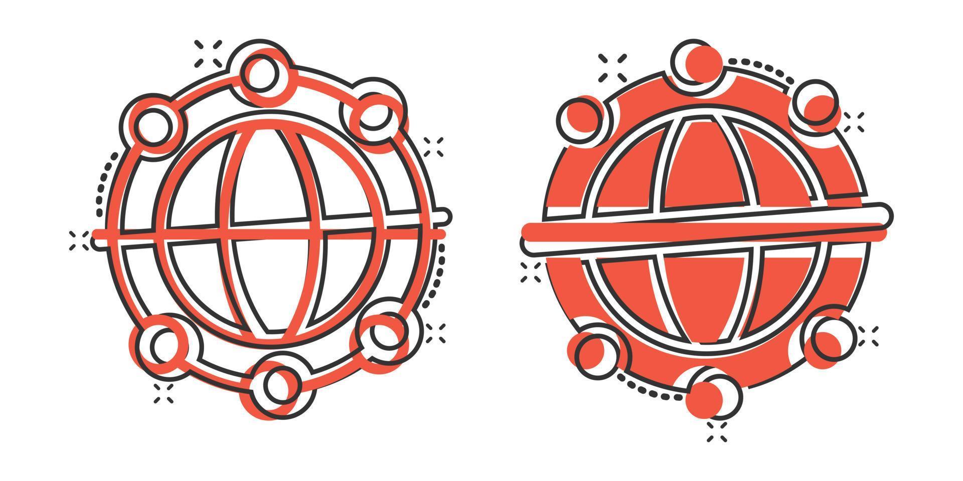 icono del planeta tierra en estilo cómico. ilustración de vector de dibujos animados geográficos de globo sobre fondo blanco aislado. concepto de negocio de efecto de salpicadura de comunicación global.