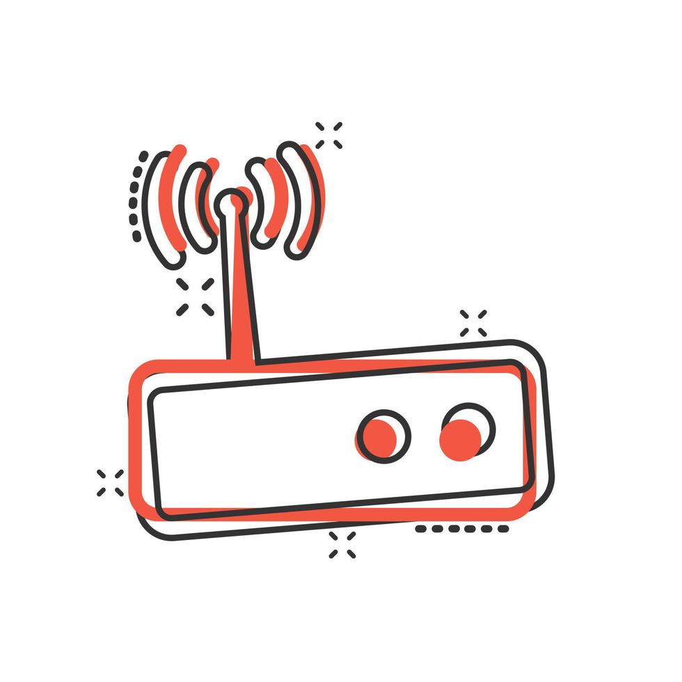 icono de enrutador wifi en estilo cómico. ilustración vectorial de dibujos animados de banda ancha sobre fondo blanco aislado. concepto de negocio de efecto de salpicadura de conexión a Internet. vector