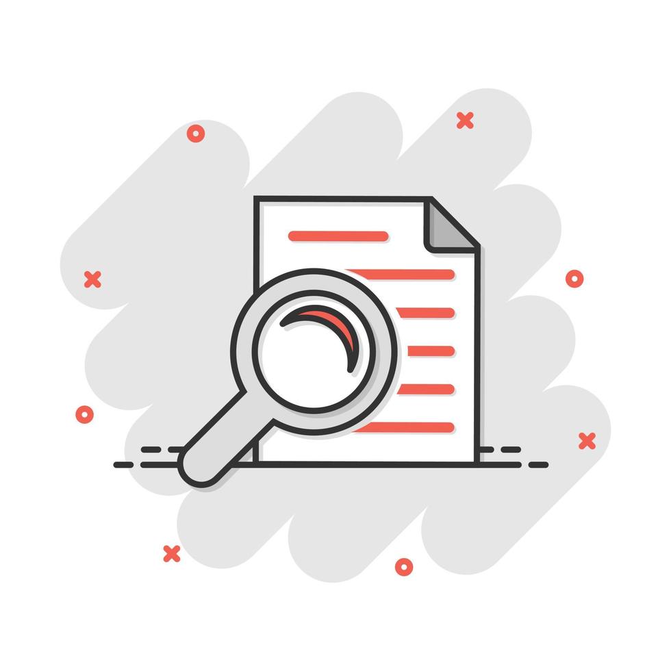 Scrutiny document plan icon in comic style. Review statement vector cartoon illustration pictogram. Document with magnifier loupe business concept splash effect.