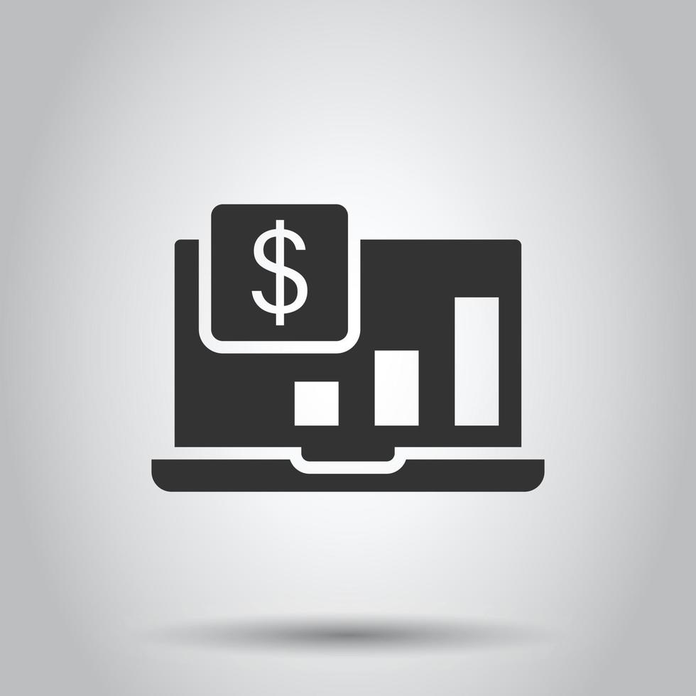 Laptop computer chart icon in flat style. Money diagram vector illustration on white isolated background. Financial process business concept.