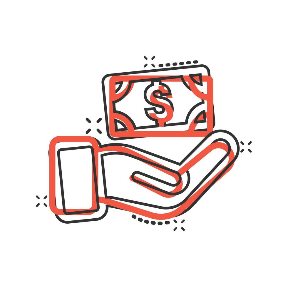 Remuneration icon in comic style. Money in hand cartoon vector illustration on white isolated background. Banknote payroll splash effect business concept.