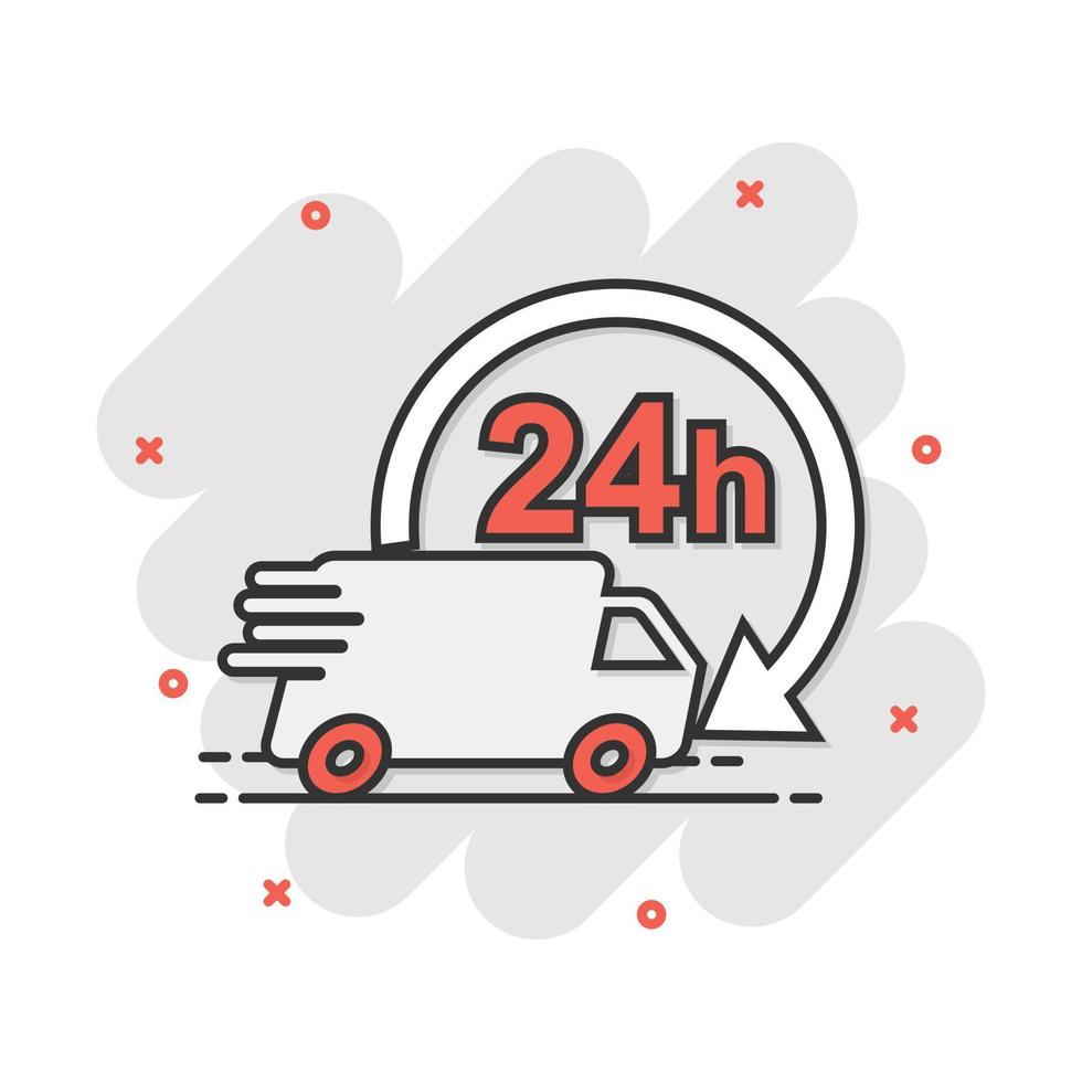 camión de reparto de dibujos animados vectoriales icono de 24 horas en estilo cómico. Pictograma de ilustración de signo de envío de servicio de entrega rápida las 24 horas. concepto de efecto de salpicadura de negocio de furgoneta de coche. vector