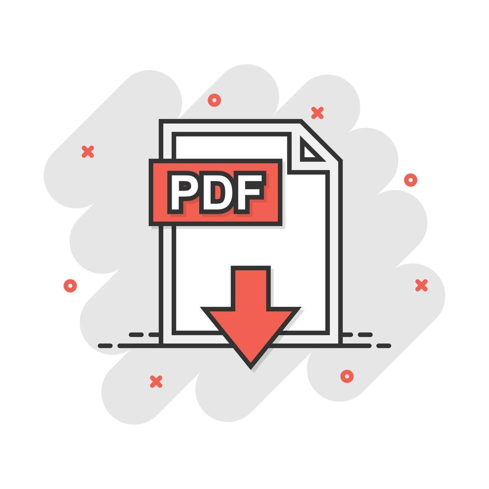 Cartoon PDF icon in comic style. Document illustration pictogram. File sign splash business concept. vector