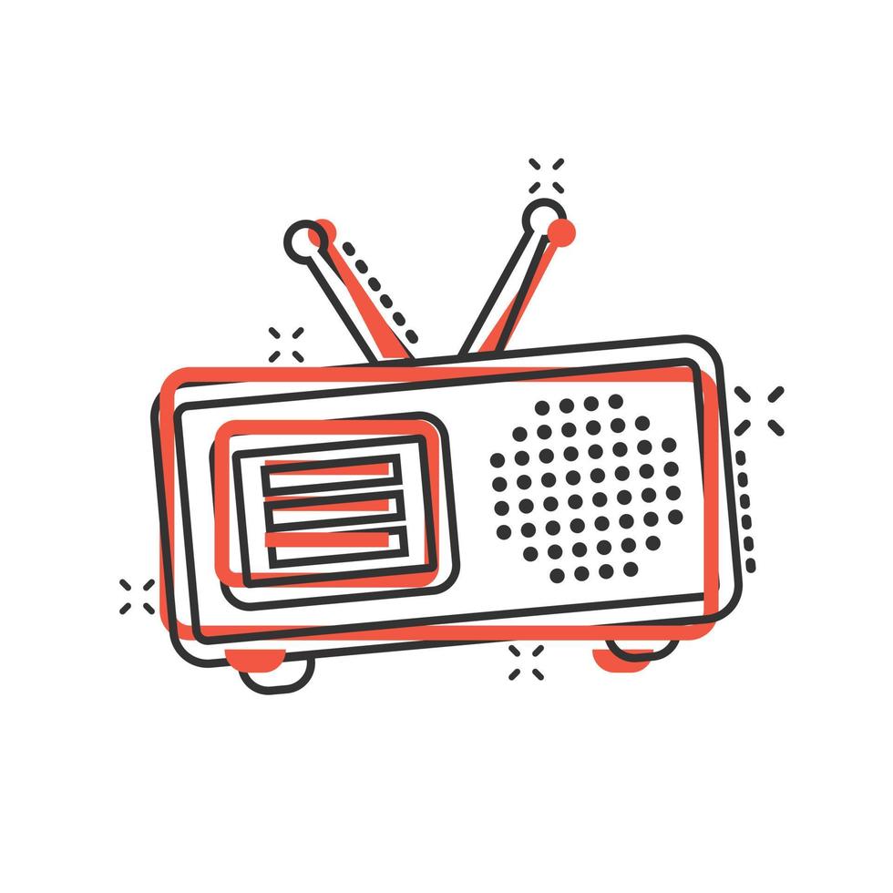Radio icon in comic style. Fm broadcast cartoon vector illustration on white isolated background. Radiocast splash effect business concept.