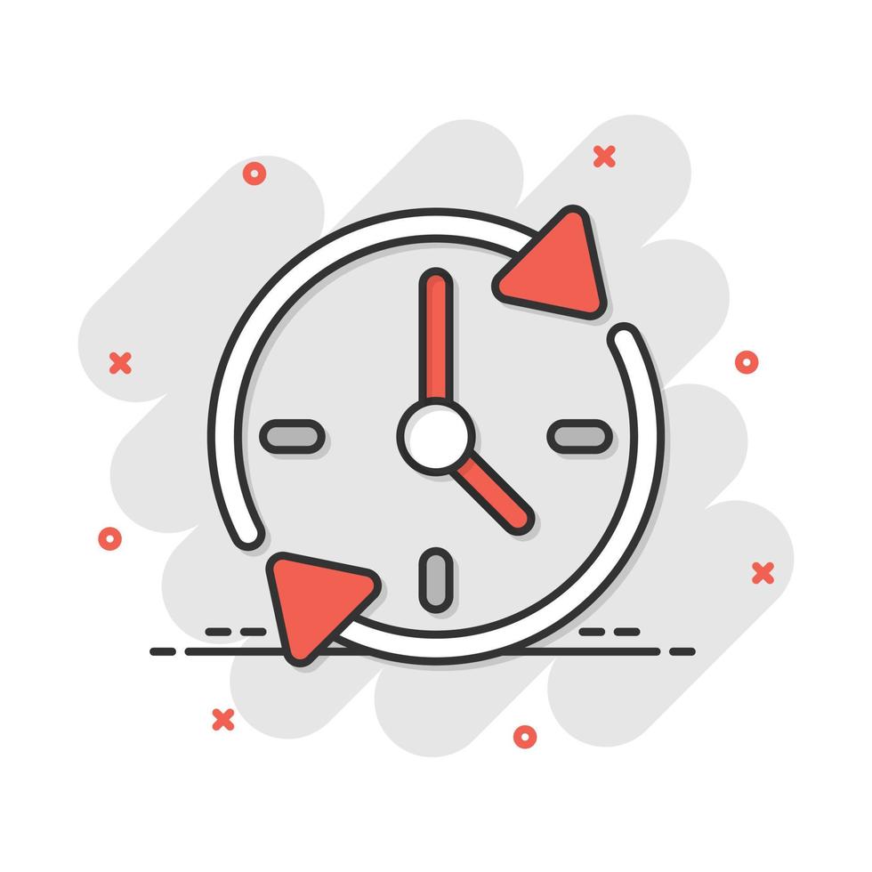 Clock countdown icon in comic style. Time chronometer vector cartoon illustration pictogram. Clock business concept splash effect.