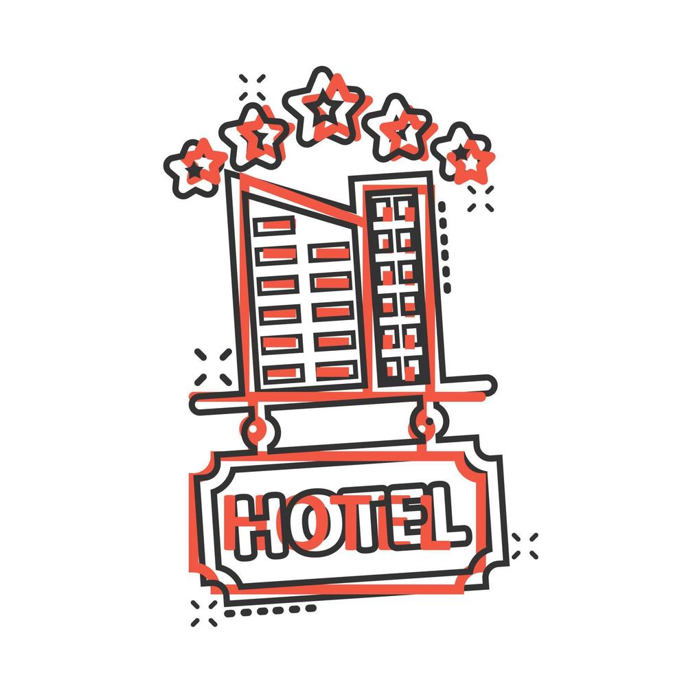 Hotel 5 stars sign icon in comic style. Inn building cartoon vector illustration on white isolated background. Hostel room splash effect business concept.