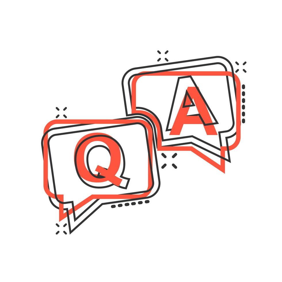 Question and answer icon in comic style. Discussion speech bubble vector cartoon illustration pictogram splash effect.