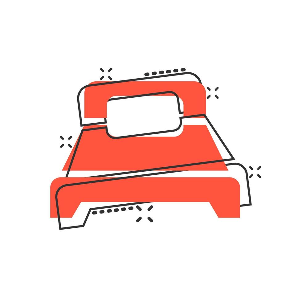 icono de cama en estilo cómico. dormir dormitorio vector dibujos animados ilustración pictograma. relajarse sofá concepto de negocio efecto de salpicadura.