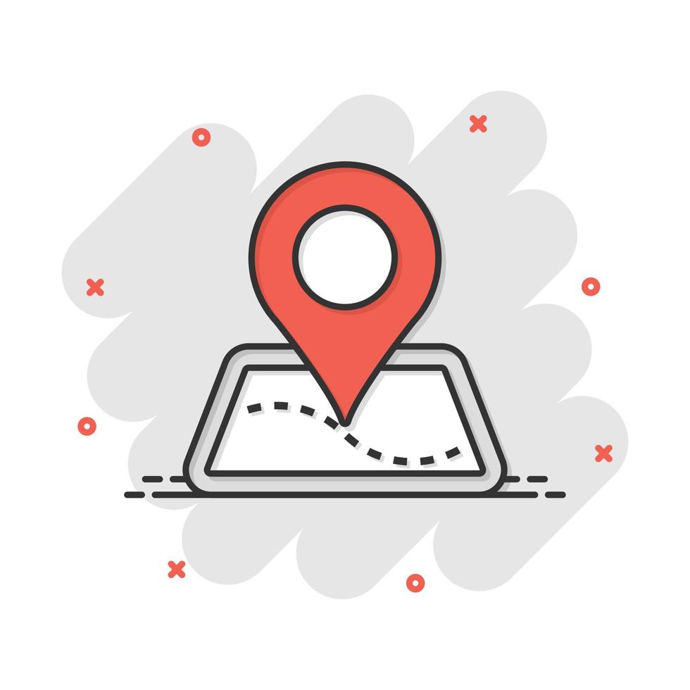 Pin map icon in comic style. Cartoon gps navigation vector illustration pictogram. Target destination business concept splash effect.