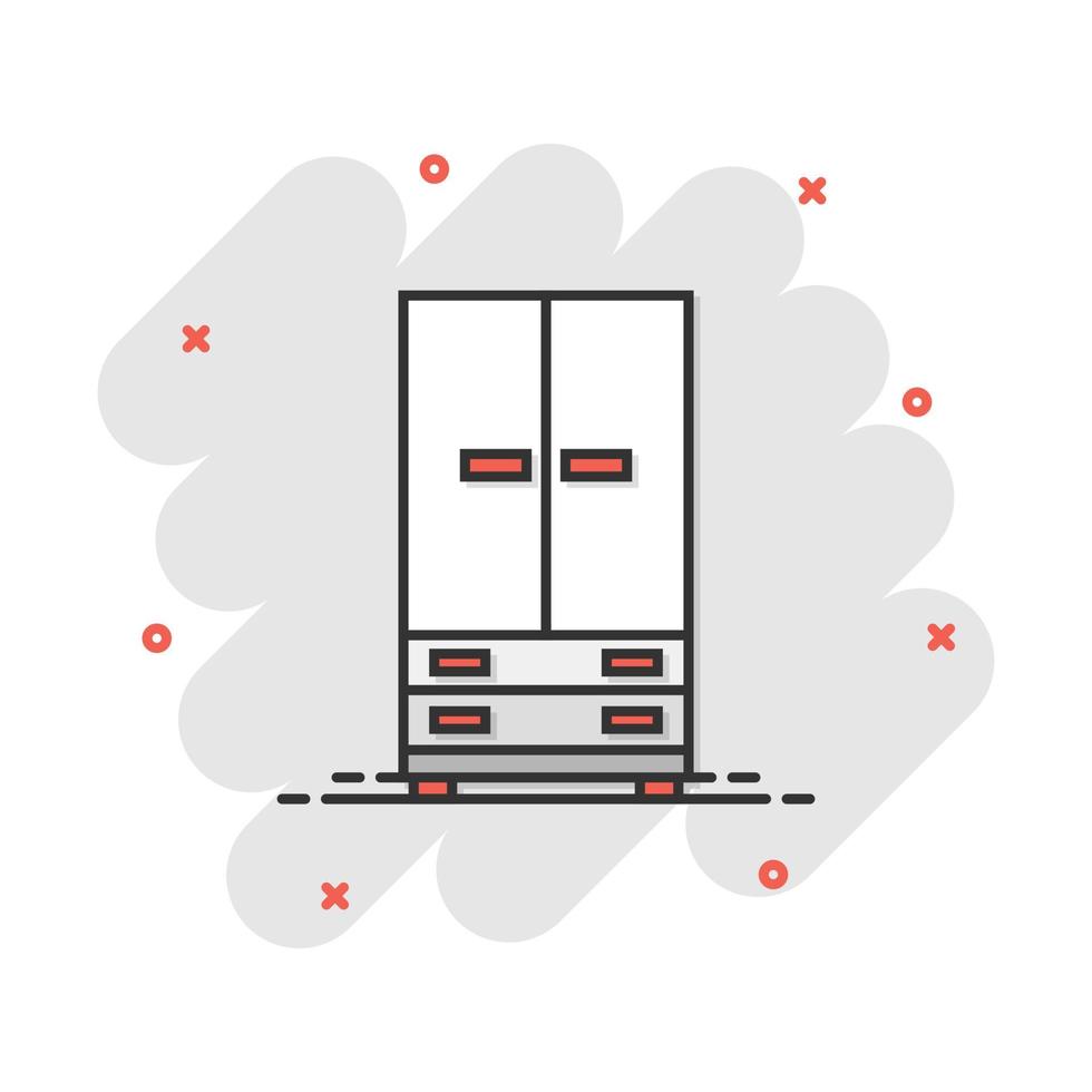 Vector cartoon cupboard icon in comic style. Furniture sign illustration pictogram. Cabinet business splash effect concept.