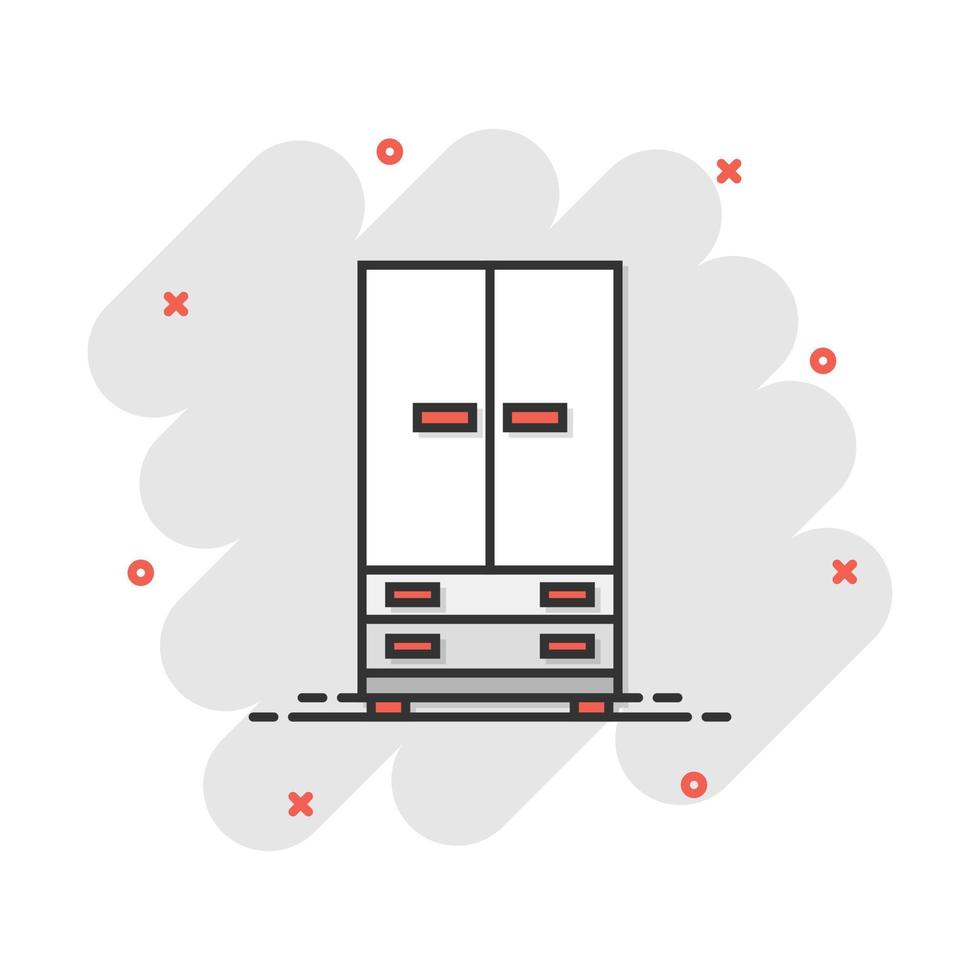 icono de armario de dibujos animados de vector en estilo cómico. pictograma de ilustración de signo de muebles. concepto de efecto de salpicadura de negocio de gabinete.