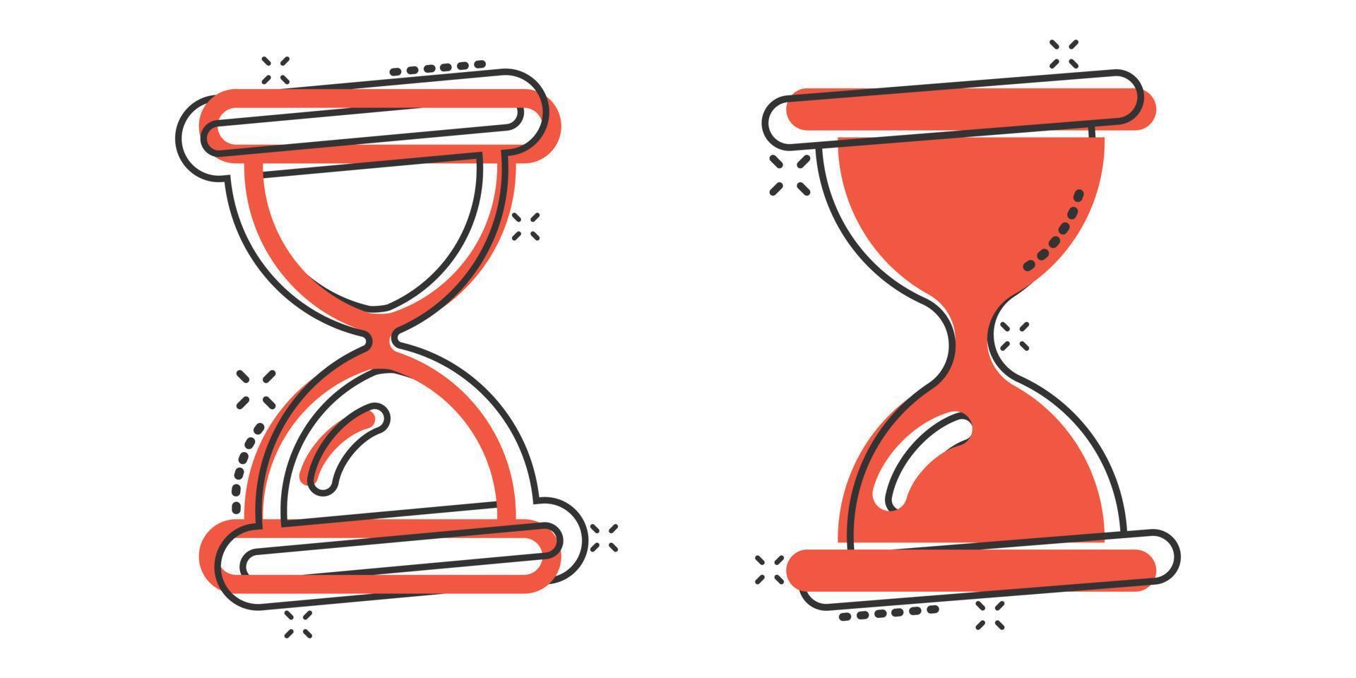 Hourglass icon in comic style. Sandglass cartoon vector illustration on white isolated background. Clock splash effect business concept.
