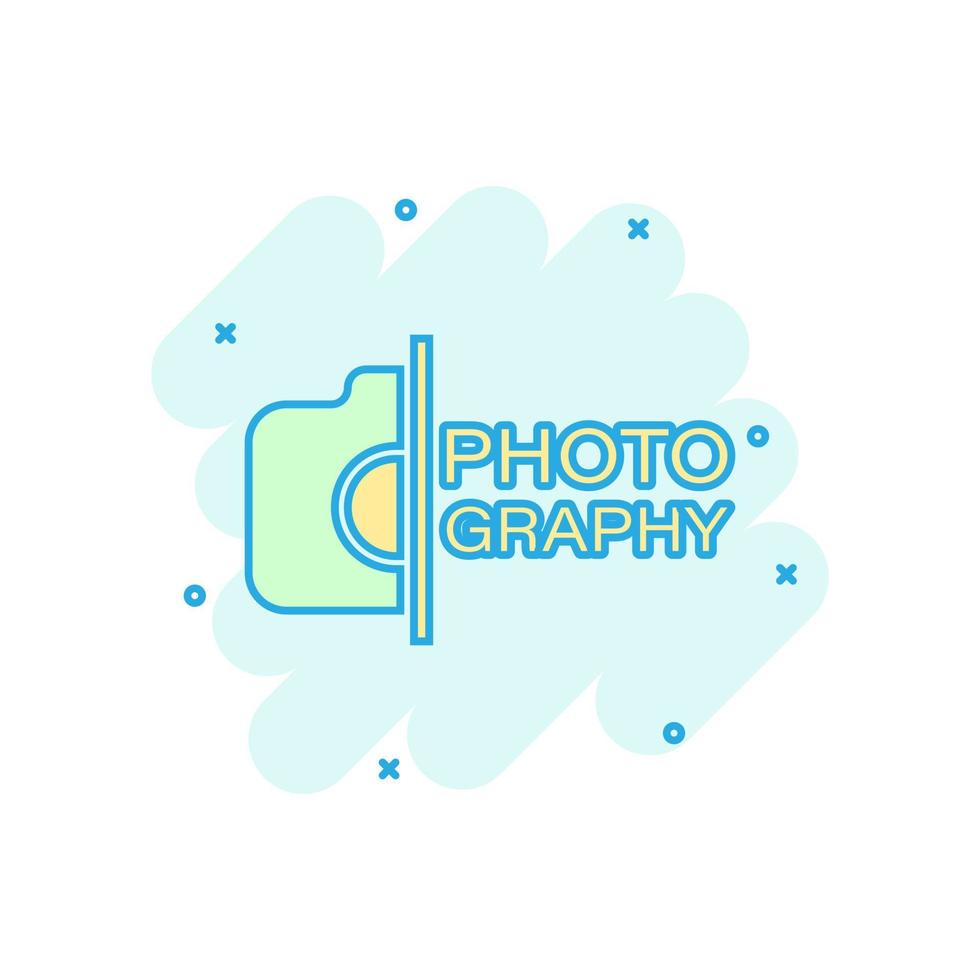 Camera device sign icon in comic style. Photography vector cartoon illustration on white isolated background. Cam equipment business concept splash effect.