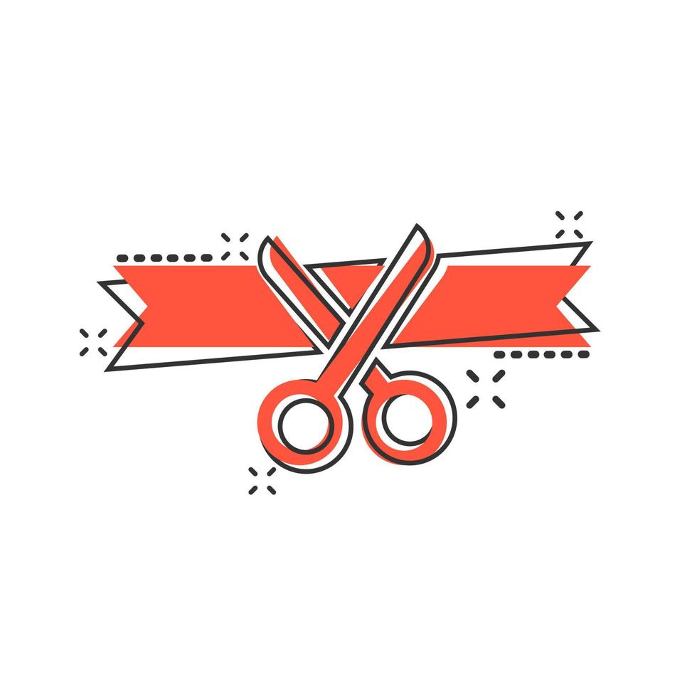 Scissors icon in comic style. Cutting ribbon vector cartoon illustration on white isolated background. Ceremonial business concept splash effect.