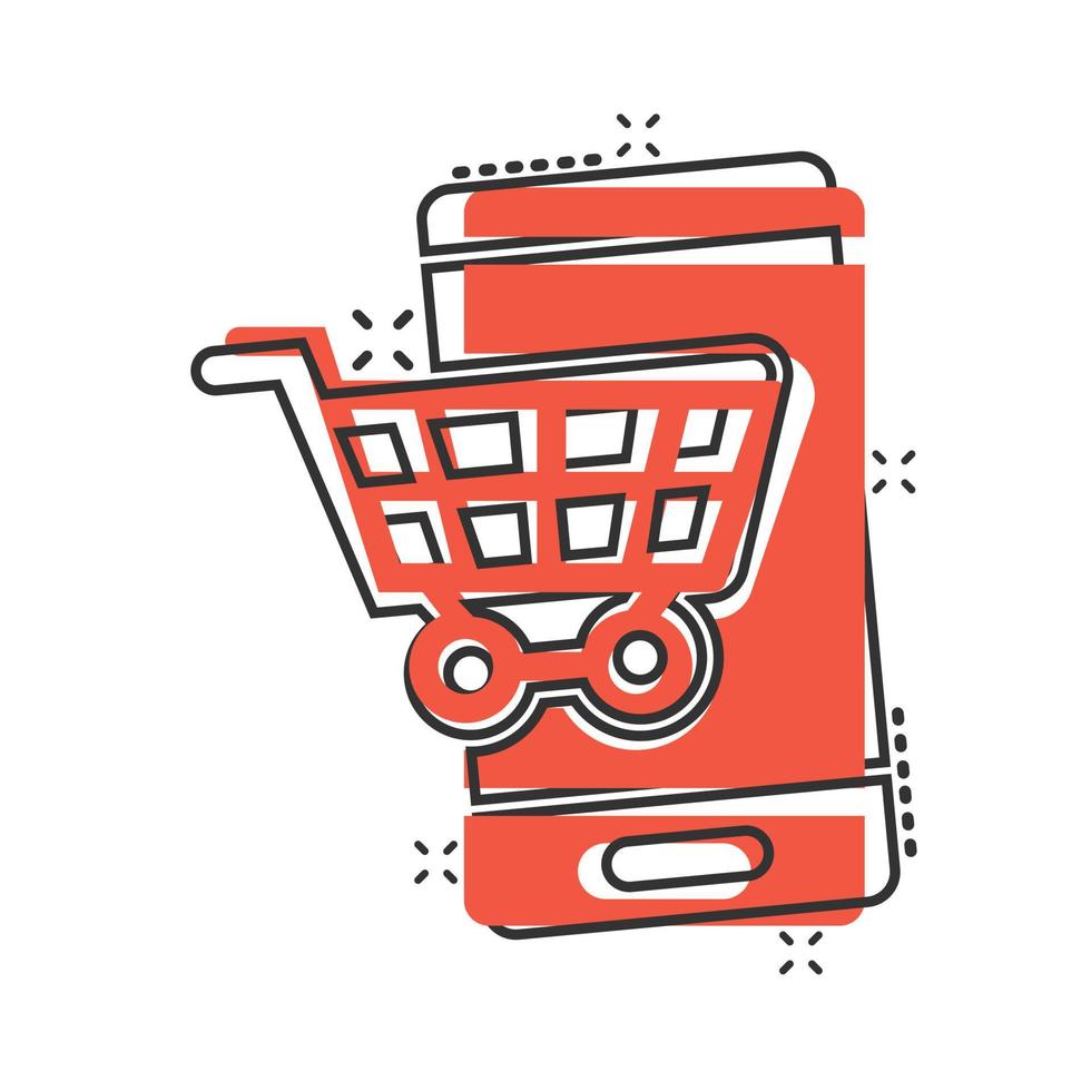 icono de compras en línea en estilo cómico. ilustración vectorial de dibujos animados de la tienda de teléfonos inteligentes sobre fondo blanco aislado. concepto de negocio de efecto de salpicadura de mercado. vector