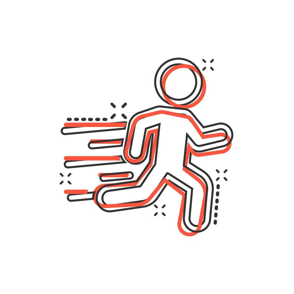 Running people sign icon in comic style. Run silhouette vector cartoon illustration on white isolated background. Motion jogging business concept splash effect.
