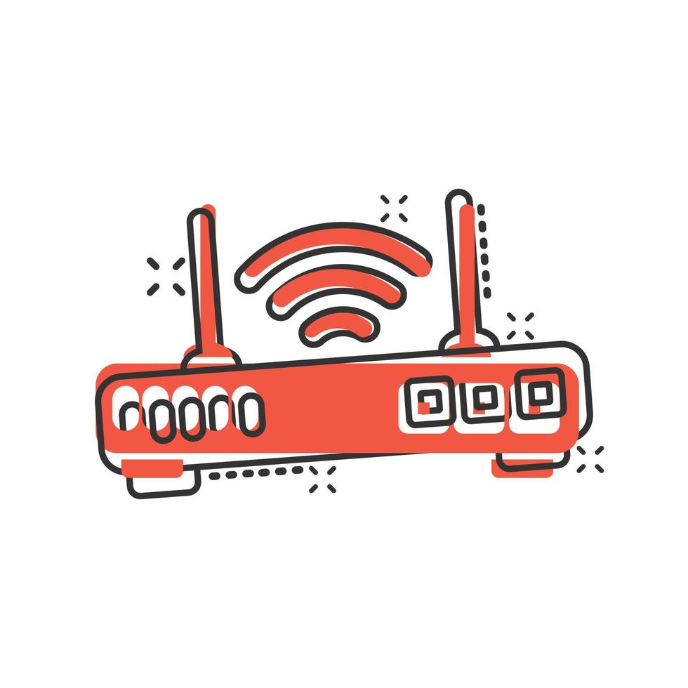 icono de enrutador wifi en estilo cómico. ilustración vectorial de dibujos animados de banda ancha sobre fondo blanco aislado. concepto de negocio de efecto de salpicadura de conexión a Internet. vector