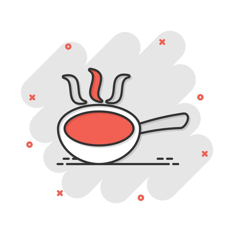 Vector cartoon frying pan icon in comic style. Cooking pan concept illustration pictogram. Skillet kitchen equipment business splash effect concept.