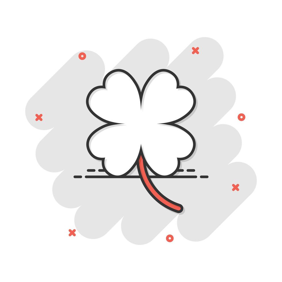 Vector cartoon four leaf clover icon in comic style. Clover sign illustration pictogram. Flower business splash effect concept.