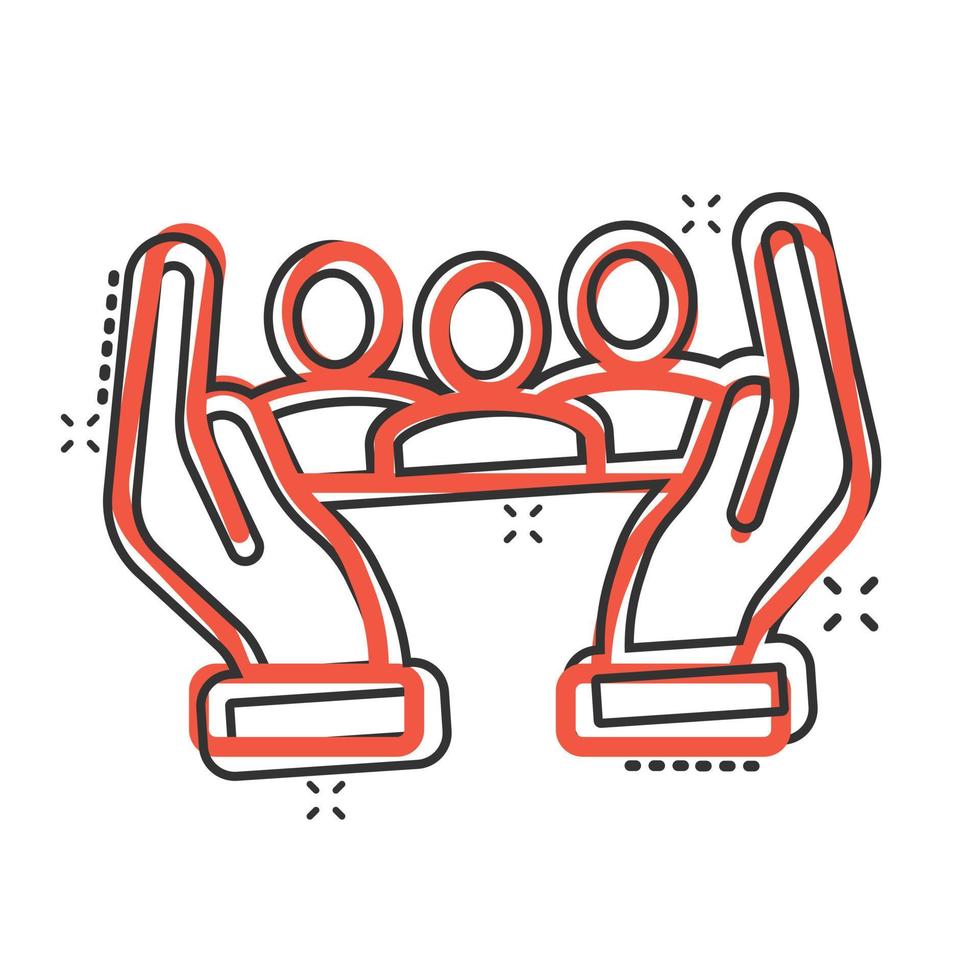 People and hand icon in comic style. Protect life cartoon vector illustration on white isolated background. Help splash effect business concept.