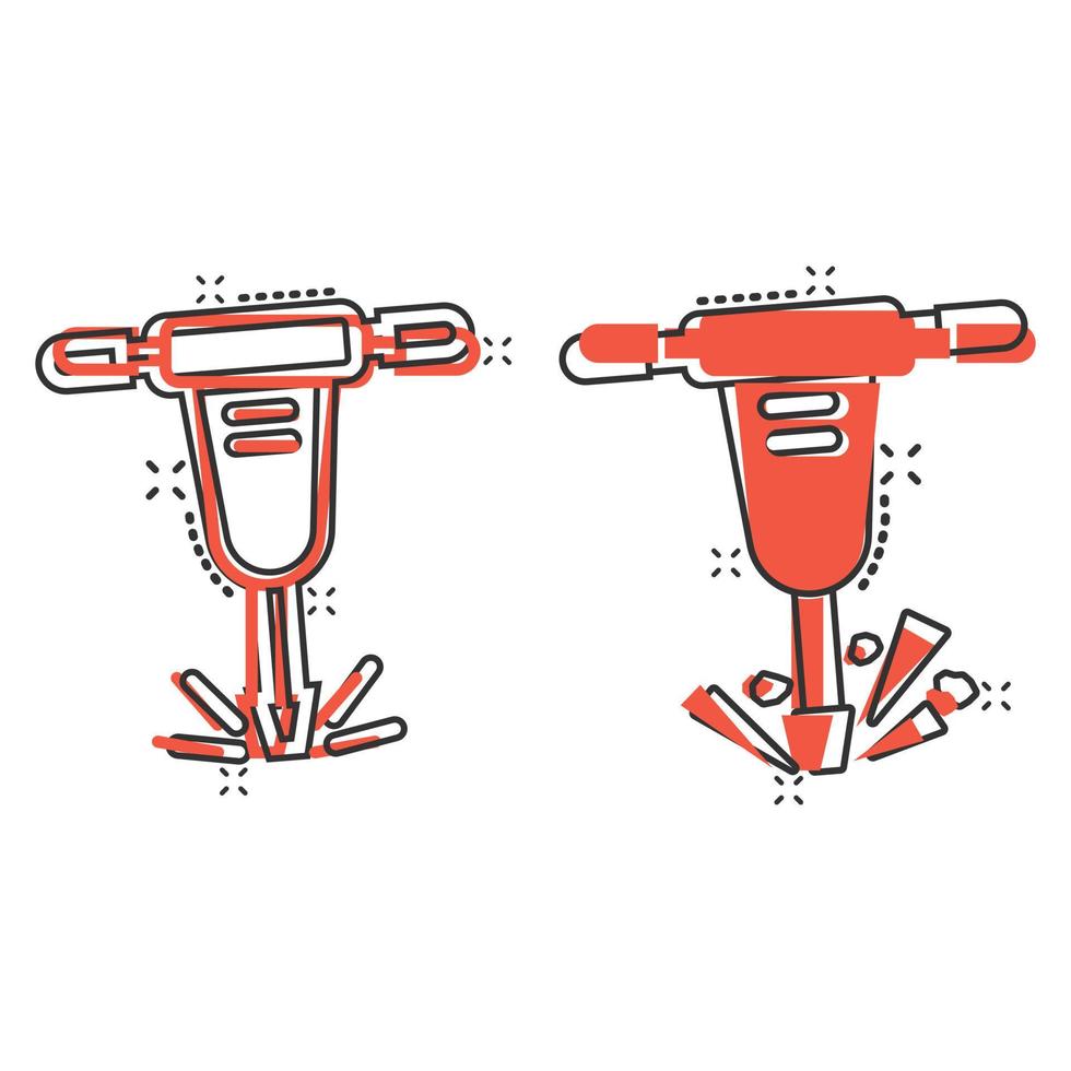 icono de martillo neumático en estilo cómico. demoler paquete ilustración vectorial sobre fondo blanco aislado. destruir el concepto de negocio de efecto de salpicadura. vector