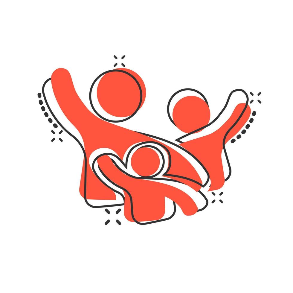 Family greeting with hand up icon in comic style. Person gesture vector cartoon illustration pictogram. People leader business concept splash effect.