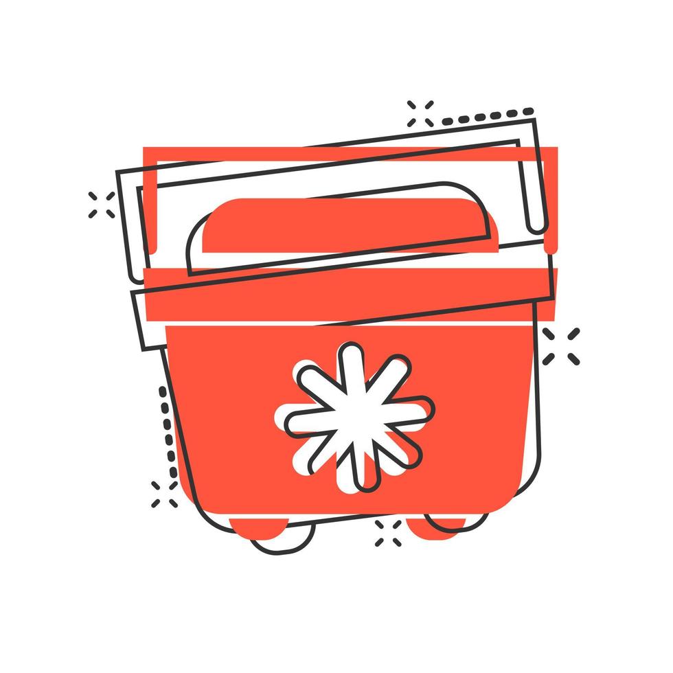 Fridge refrigerator icon in comic style. Freezer container vector cartoon illustration pictogram splash effect.