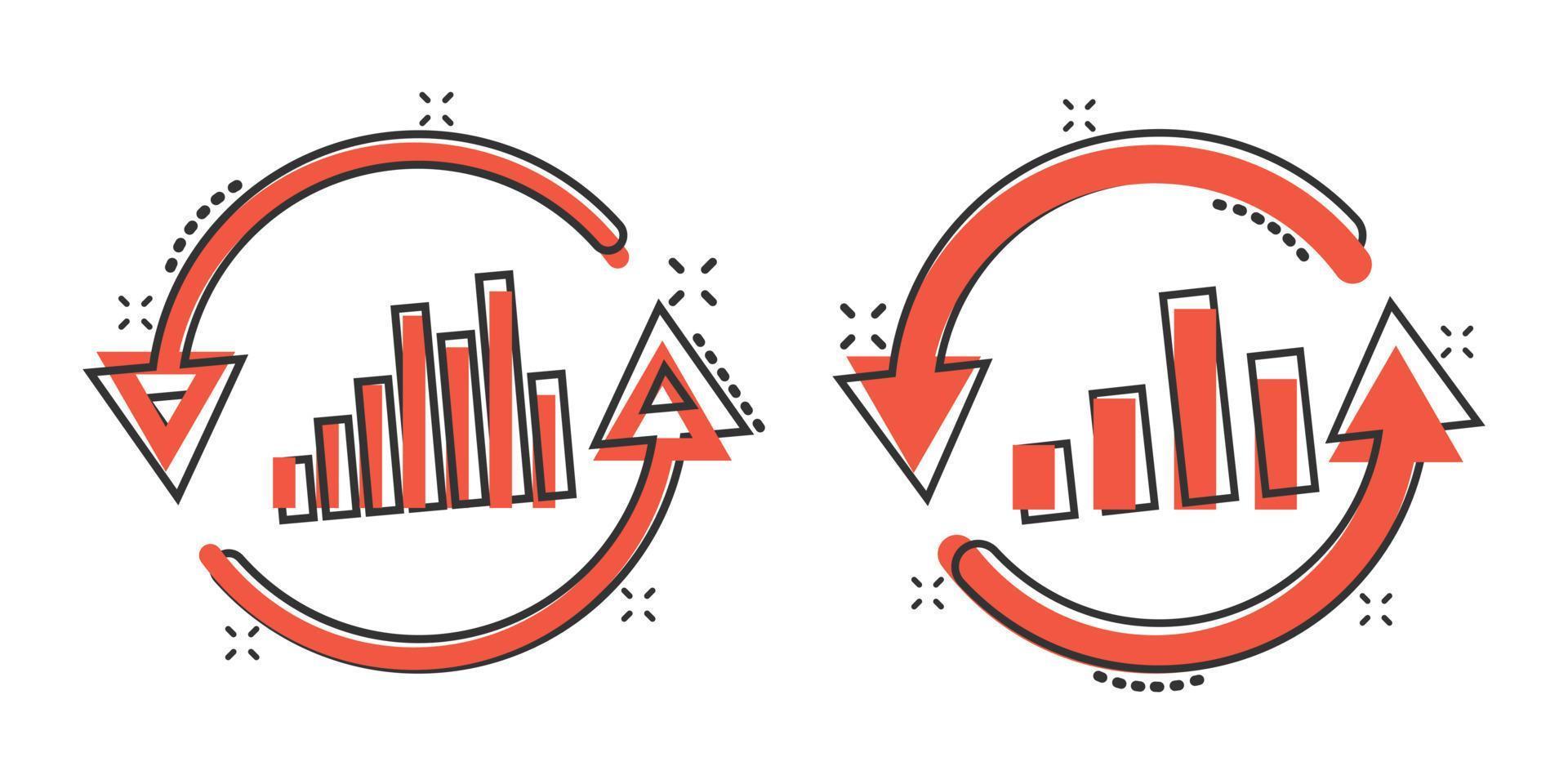Growing bar graph icon in comic style. Increase arrow cartoon vector illustration on white isolated background. Infographic progress splash effect business concept.