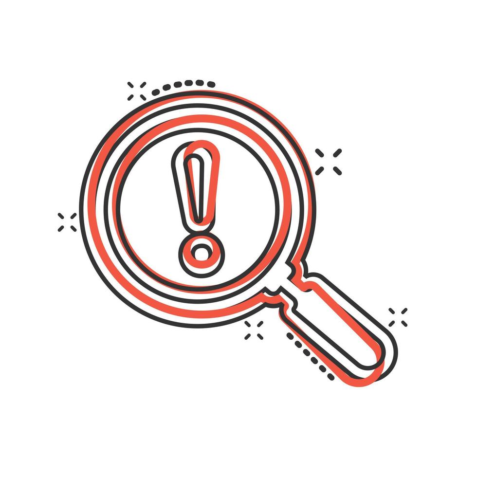 Risk analysis icon in comic style. Exclamation magnifier cartoon vector illustration on white isolated background. Attention splash effect business concept.