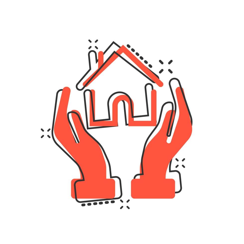 Home care icon in comic style. Hand hold house vector cartoon illustration on white isolated background. Building quality business concept splash effect.