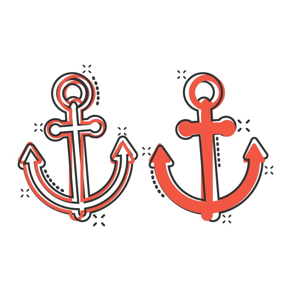 Boat anchor icon in comic style. Vessel hook cartoon vector illustration on white isolated background. Ship equipment splash effect business concept.