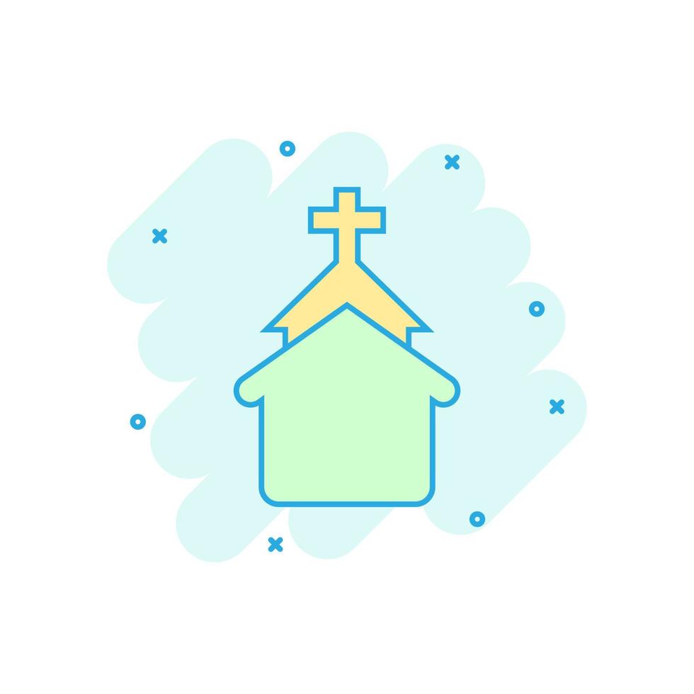 Church icon in comic style. Chapel vector cartoon illustration on white isolated background. Religious building business concept splash effect.