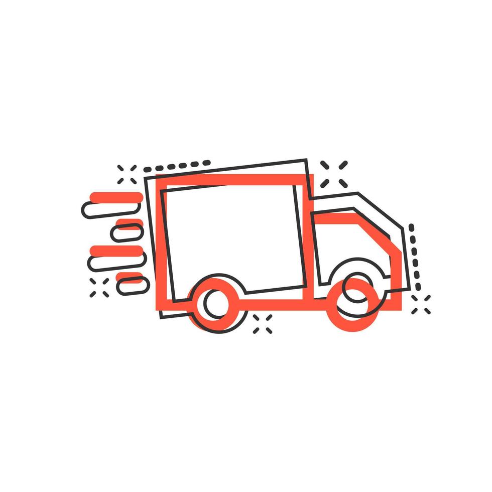 Delivery truck sign icon in comic style. Van vector cartoon illustration on white isolated background. Cargo car business concept splash effect.