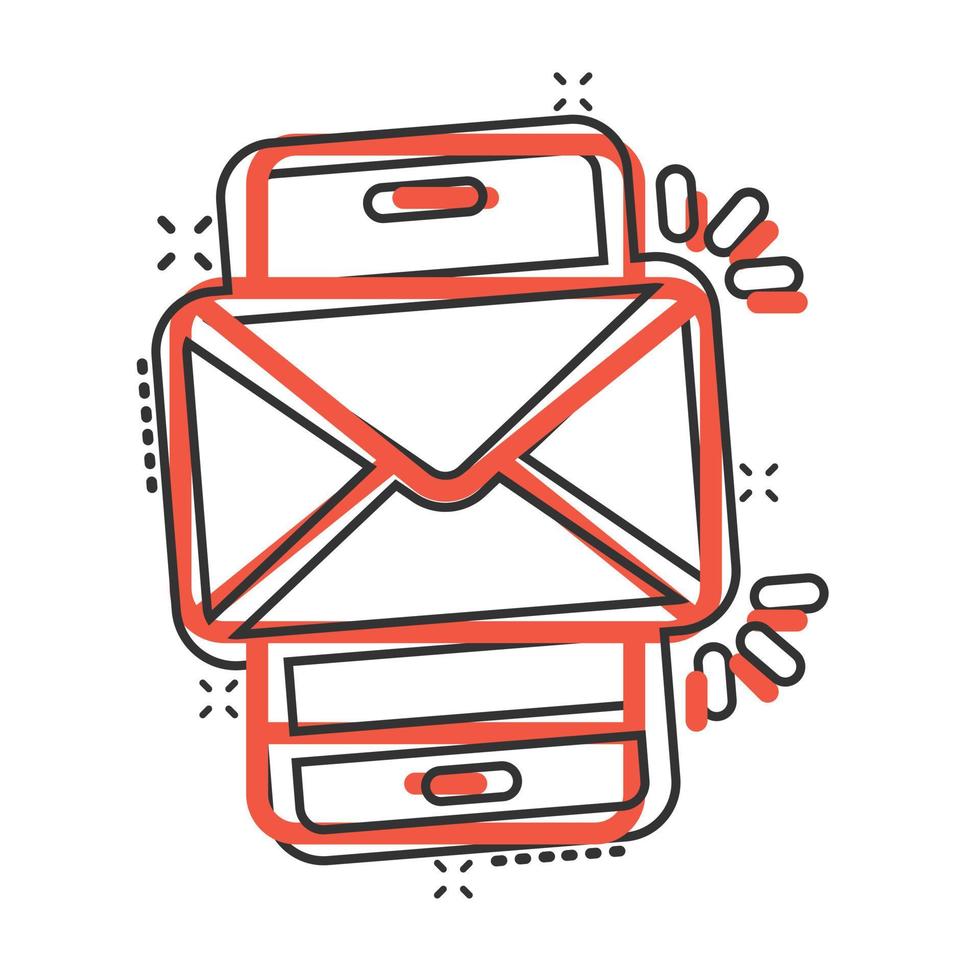 Message on smartphone icon in comic style. Mail with phone cartoon vector illustration on white isolated background. Envelope splash effect business concept.