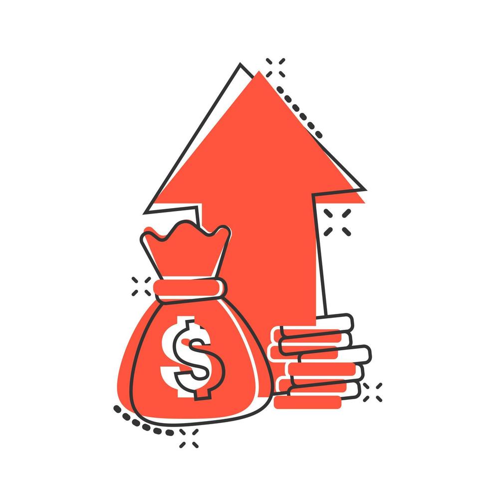 Money trending icon in comic style. Coins with money bag and growth arrow illustration on white background. Financial strategy business splash effect concept. vector